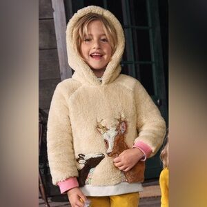 Mini Boden Girls Size 7-8Y Cozy Cream Hoodie with Deer Design.